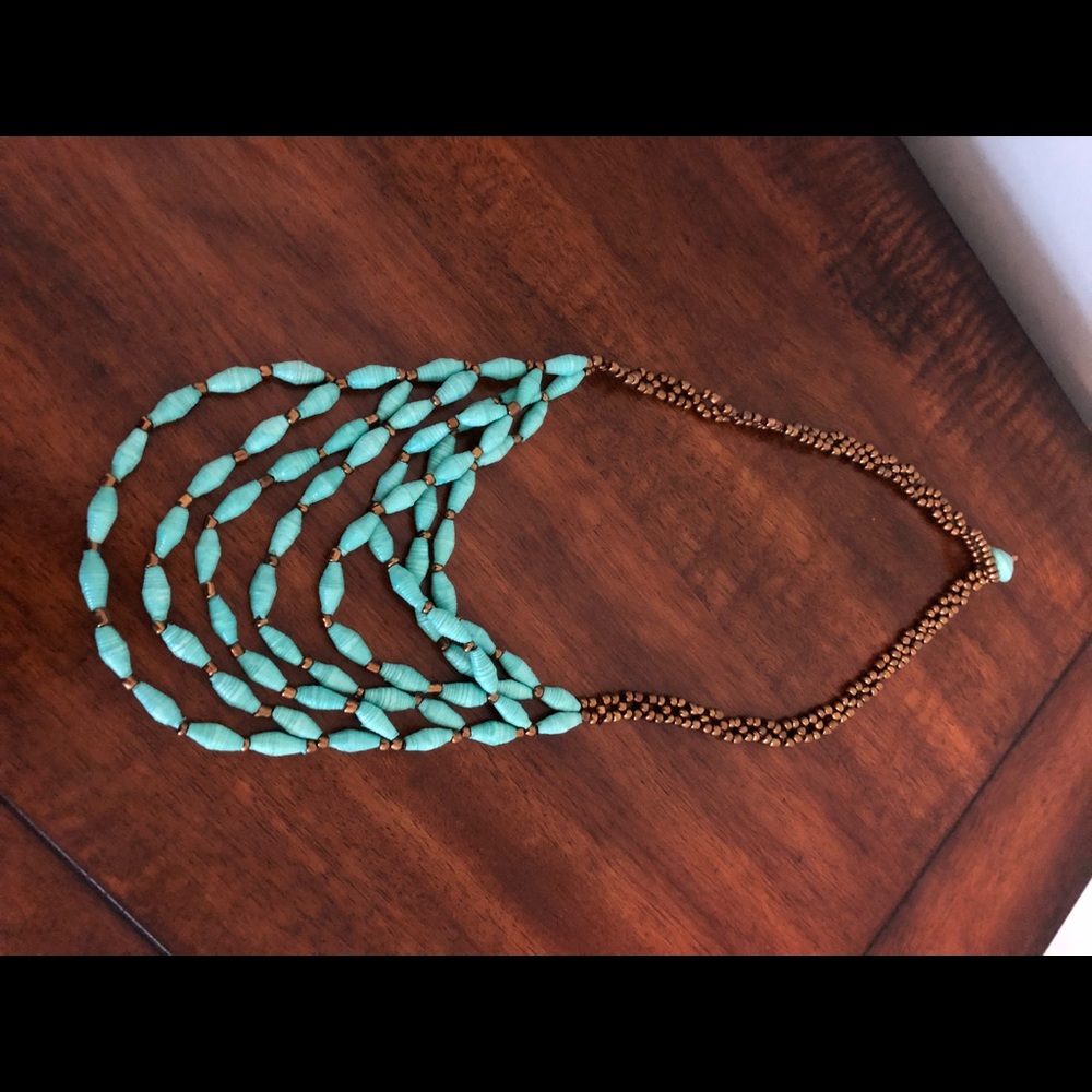 Noonday Collection, turquoise paper bead necklace.